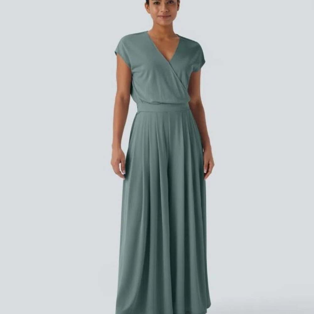 Halara V-neck short-sleeve wide-leg flowy waffle jumpsuit size XL Tall NWoT